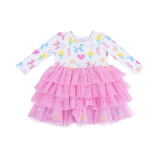 Angel Dear Twirly Long Sleeve Layered Tulle Dress - Balloon Animals Pink
Pink dress with colorful patterns on a white background