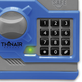 Dr. Stem Electronic Alarm Safe
Close-up of a blue and gray Thinair Brands electronic safe showing a 12-digit keypad with a green power indicator light.