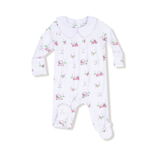 Angel Dear Smocked Peter Pan Snap Footie - Baby Golf Carts Pink
Baby onesie with car pattern on a white background