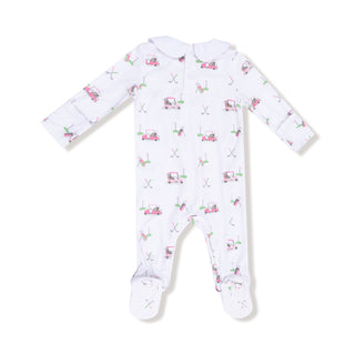 Angel Dear Smocked Peter Pan Snap Footie - Baby Golf Carts Pink Baby onesie with car pattern on a white background