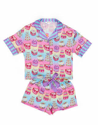 Sunshine Society It's My Party short sleeve pajama set with matching shorts, featuring colorful party-themed prints and comfortable fabric.