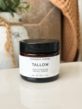 Lavender Thorne Tallow Face Moisturizer jar with lavender and natural ingredients, creamy texture, and elegant packaging.