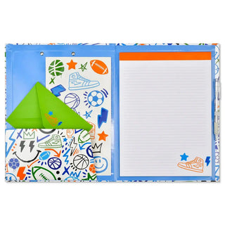 Iscream Corey Paige Let's Go Sports Clipboard Set
Children's activity book with colorful sports-themed pages and a green paper airplane.