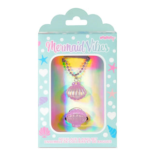 Iscream Mermaid Vibes jewelry set featuring a necklace and ring with mermaid-themed designs on a white background