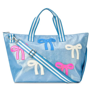 Iscream Patched Bow overnight bag with colorful patchwork design and bow embellishment, ideal for travel or overnight stays.