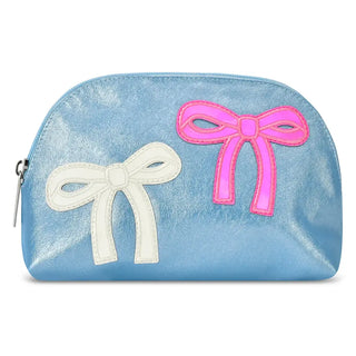 Iscream patched bow oval cosmetic bag with colorful patchwork and bow design, soft fabric for storing beauty essentials.