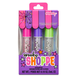 Iscream Spooky Shoppe Lip Gloss Set
Spooky Shoppe lip gloss set packaging with three lip glosses in pink, purple, and green on a white background.