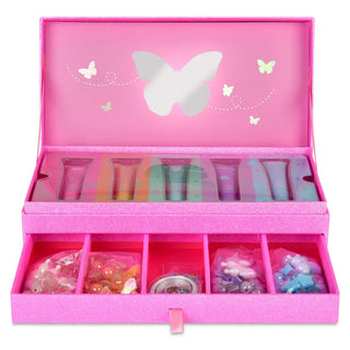 Iscream Lip Gloss Charm Kit
Pink jewelry box with butterfly design containing various hair accessories.