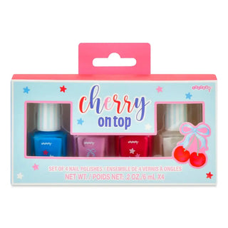 Iscream Cherry on Top nail polish set featuring five vibrant cherry-themed nail colors in sleek bottles.