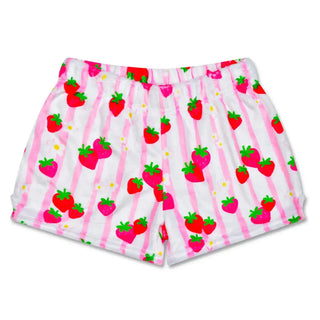 Iscream Strawberry Stripes Plush Shorts 
Shorts with strawberry pattern on a white background