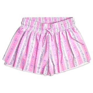 Pink floral and stripe butterfly shorts by Iscream, youth size small, featuring colorful butterfly and floral print design.