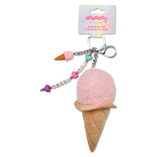 Iscream Ice Cream Bag Charm
A plush ice cream cone keychain with a fuzzy pink scoop, brown waffle-cone base, and silver key ring, shown with its retail header card on a white background.