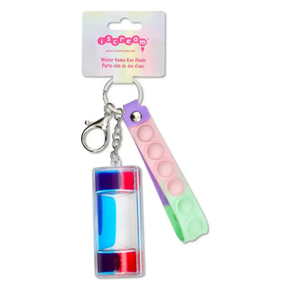 Iscream Water Game Bag Charm
A pastel gradient pop-it keychain with a clear cylindrical water bottle charm, attached to a silver clasp and a branded retail header card.
