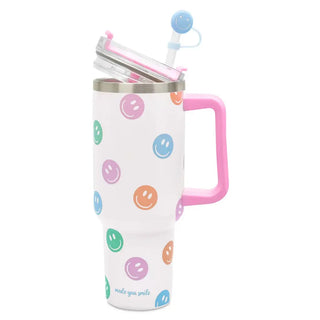Iscream Made You Smile Travel Cup
White tumbler with smiley face patterns and a pink handle on a white background