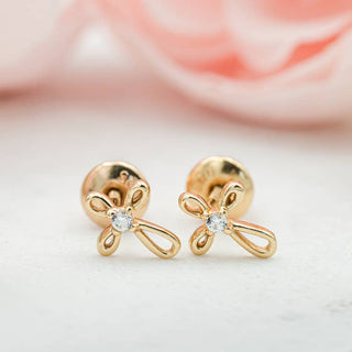 Cherished Moments 14K gold-plated infinity cross earrings with screw back, featuring delicate design and shiny finish.