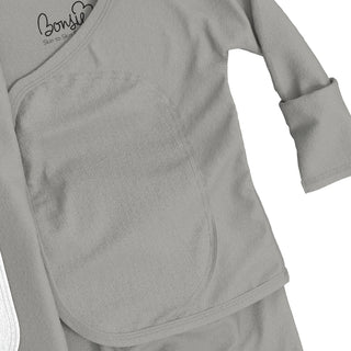 Bonsie Footie - Fog
Gray long-sleeve top with a brand logo on a white background
