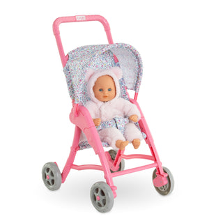 Corolle Floral Baby Doll Stroller with Folding Canopy for 12" DollPink toy stroller with a baby doll wearing a floral outfit on a white background