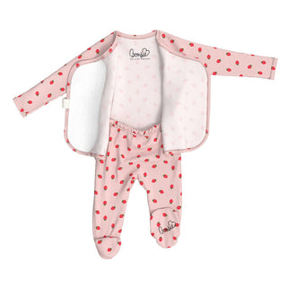 Bonsie Footie - Strawberries
Baby outfit with pink polka dot jacket and pants on a white background
