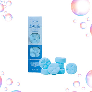 The Lavish Goat Shower Steamers Box - Soothe: Eucalyptus Mint
Blue shower steamers with packaging on a white background with bubbles