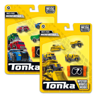 Schylling Tonka Micro Metals Multipack 
Two Tonka toy vehicle multi-packs with various miniature vehicles on a white background.