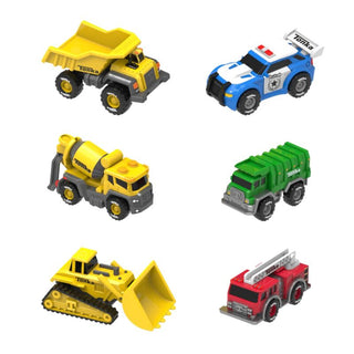 Schylling Tonka Micro Metals Multipack Set of toy construction vehicles including a dump truck, police car, cement mixer, garbage truck, bulldozer, and fire truck on a white background.