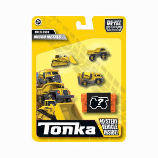 Schylling Tonka Micro Metals Multipack Tonka toy vehicle multi-pack in yellow packaging with construction vehicles on a white background