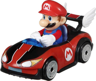 Mattel Hot Wheels Mario Kart Track Set
Toy car with character in red hat and blue overalls driving it on a white background