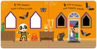 Penguin Random House Halloween: A Peek-Through Halloween Book of Counting (My Little World) Board Book
Halloween-themed book page with a skeleton, trick-or-treaters, and spooky decorations on an orange background.