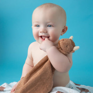 Angel Dear Blankie - Bison Baby holding a brown plush toy against a blue background