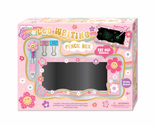 Hot Focus LCD Writing Board Pencil Box - Groovy Flower
Pink LED writing pencil box with a black writing surface on a white background