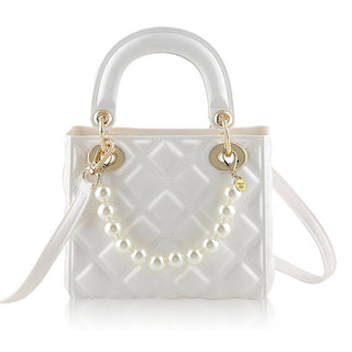 Carrying Kind Quilted Jelly Handbag - Pearl White
White quilted handbag with pearl and gold chain detail on a white background
