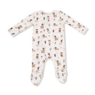 Angel Dear Footie with Zipper - Cowboy Dogs
Baby onesie with dog pattern on a white background