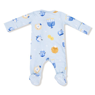 Angel Dear Footie with Zipper - Hanukkah Blue
Baby onesie with Hanukkah-themed design on a white background