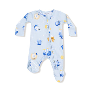 Angel Dear Footie with Zipper - Hanukkah Blue
Baby onesie with colorful pattern on a white background