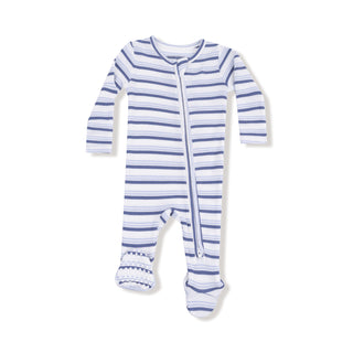 Angel Dear Footie with Zipper - Vintage Stripe Blue
Blue and white striped baby onesie on a white background