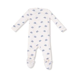 Angel Dear Footie with Zipper - Petite Cowboy Hats
White baby onesie with blue whale pattern on a white background