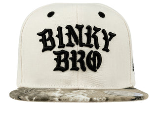 BinkyBro Kids Durban SB Hat
White cap with 'Binky Bro' text and camouflage bill on a white background