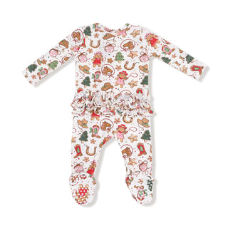 Angel Dear 2 Way Ruffle Back Zipper Footie - Cowgirl Christmas Cookies
Baby onesie with festive gingerbread man and Christmas tree pattern on a white background