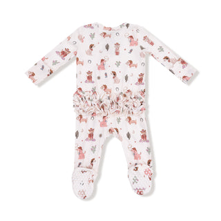 Angel Dear 2 Way Ruffle Back Zipper Footie - Cowgirl Dogs
Baby onesie with dog pattern on a white background