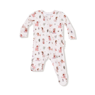 Angel Dear 2 Way Ruffle Back Zipper Footie - Cowgirl Dogs
Baby onesie with animal pattern on a white background