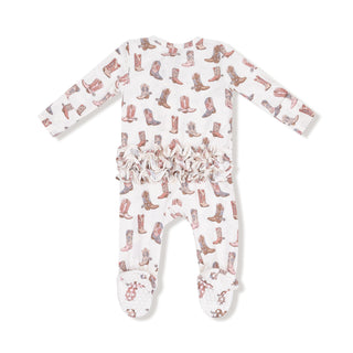 Angel Dear 2 Way Ruffle Back Zipper Footie - Future Cowgirl
Baby onesie with cowboy boot pattern on a white background