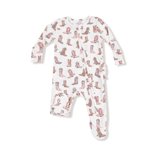 Angel Dear 2 Way Ruffle Back Zipper Footie - Future Cowgirl
Baby onesie with cowboy boot pattern on a white background