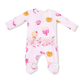 Angel Dear 2 Way Ruffle Back Zipper Footie - Hanukkah Pink
Baby onesie with colorful animal print on a white background