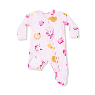 Angel Dear 2 Way Ruffle Back Zipper Footie - Hanukkah Pink
Baby onesie with colorful animal print on a white background