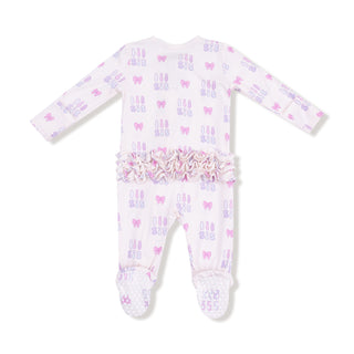 Angel Dear 2 Way Ruffle Back Zipper Footie - Lil Sis
Baby onesie with butterfly pattern on a white background
