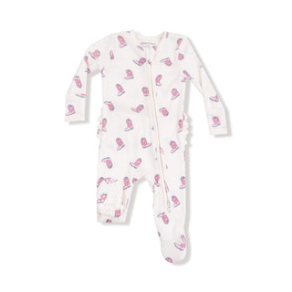 Angel Dear 2 Way Ruffle Back Zipper Footie - Petite Cowgirl Boots
Baby onesie with pink animal pattern on a white background