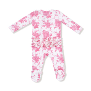 Angel Dear 2 Way Ruffle Back Zipper Footie - Vintage Pink Roses
Floral patterned baby onesie on a white background