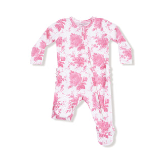 Angel Dear 2 Way Ruffle Back Zipper Footie - Vintage Pink Roses
Pink floral baby onesie on a white background