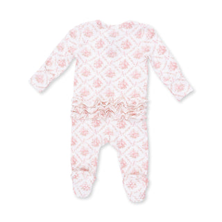 Angel Dear 2 Way Ruffle Back Zipper Footie - Rose Bow Lattice 
Floral patterned baby onesie on a white background