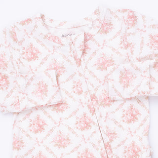 Angel Dear 2 Way Ruffle Back Zipper Footie - Rose Bow Lattice
Floral-patterned fabric with a visible brand label on a white background